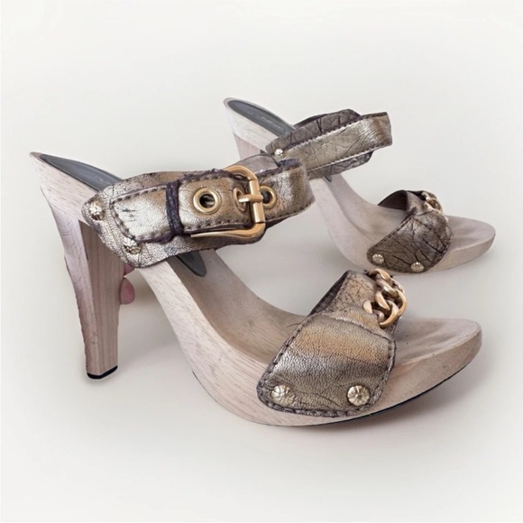 Vintage 90s Y2K Nine West Flirty n fun Gold Leather Gold Chain Platform Sandals - Picture 1 of 8